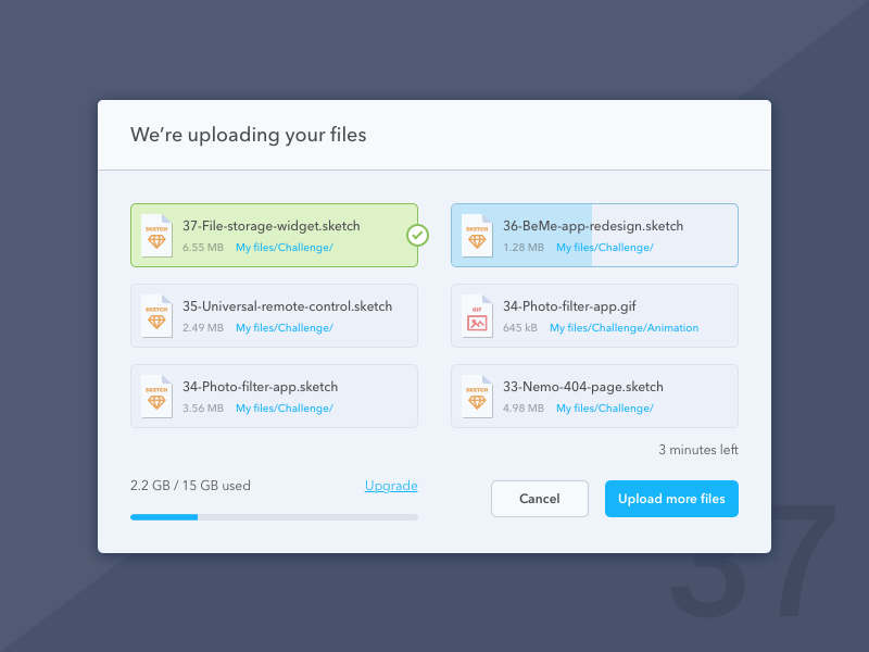 Modal windows of five files being uploaded and one finished. Progress bar showing storage space left on bottom.
