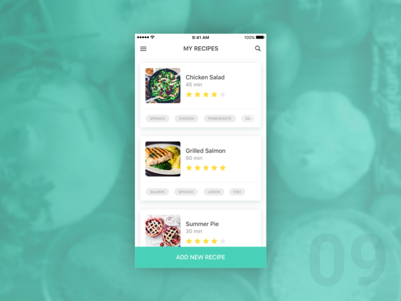 Recipe app concept: Three recipe cards with photos, name of the dish, prep time, reviews (stars) and tags.