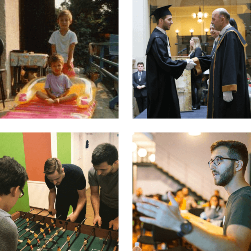 4 photos: 5-yr old me with my elder brother, me at my MSc graduation, me playing foosball with colleagues, me presenting.