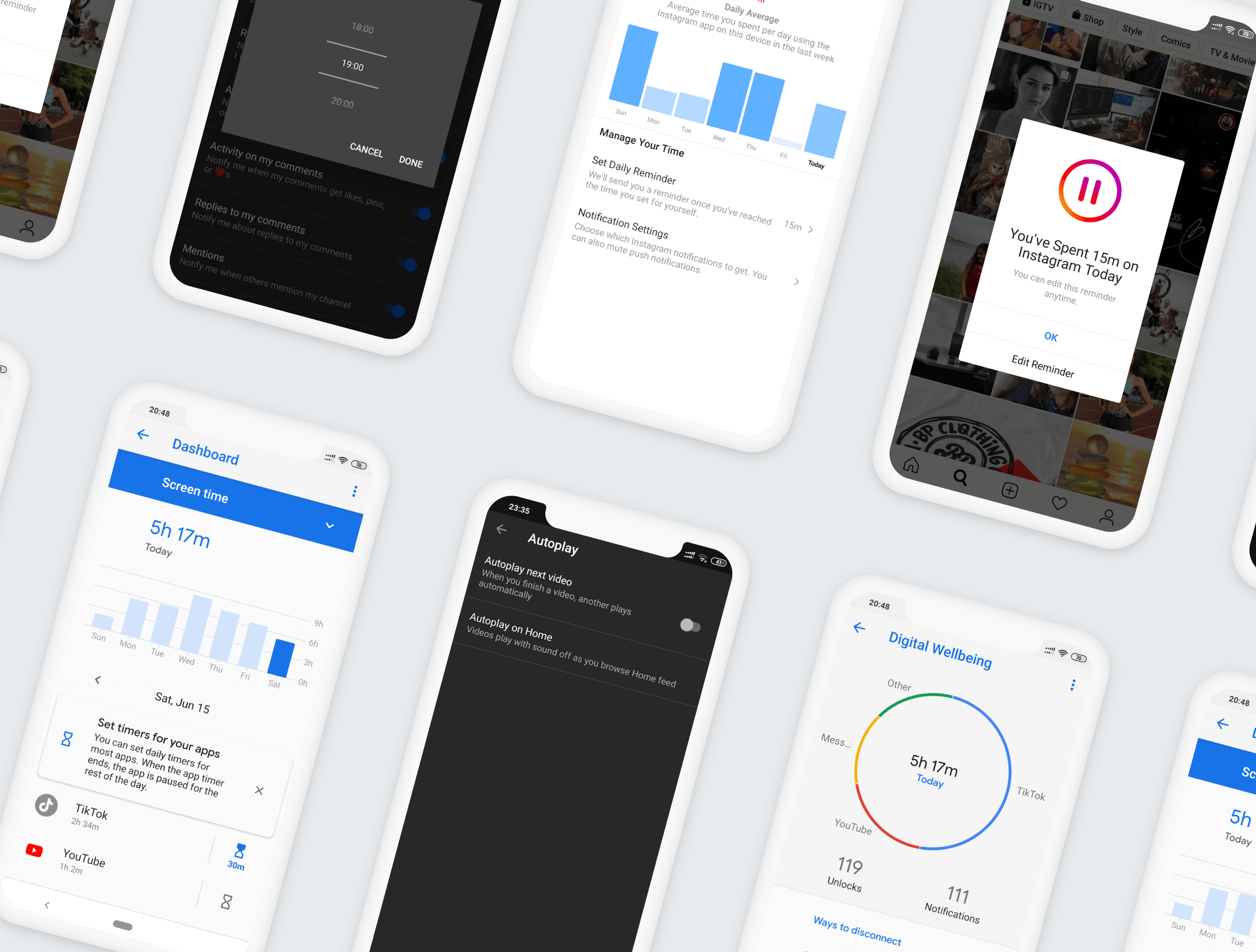 Mockup showing digital wellness features such as screen time and daily reminder from Google and Instagram.