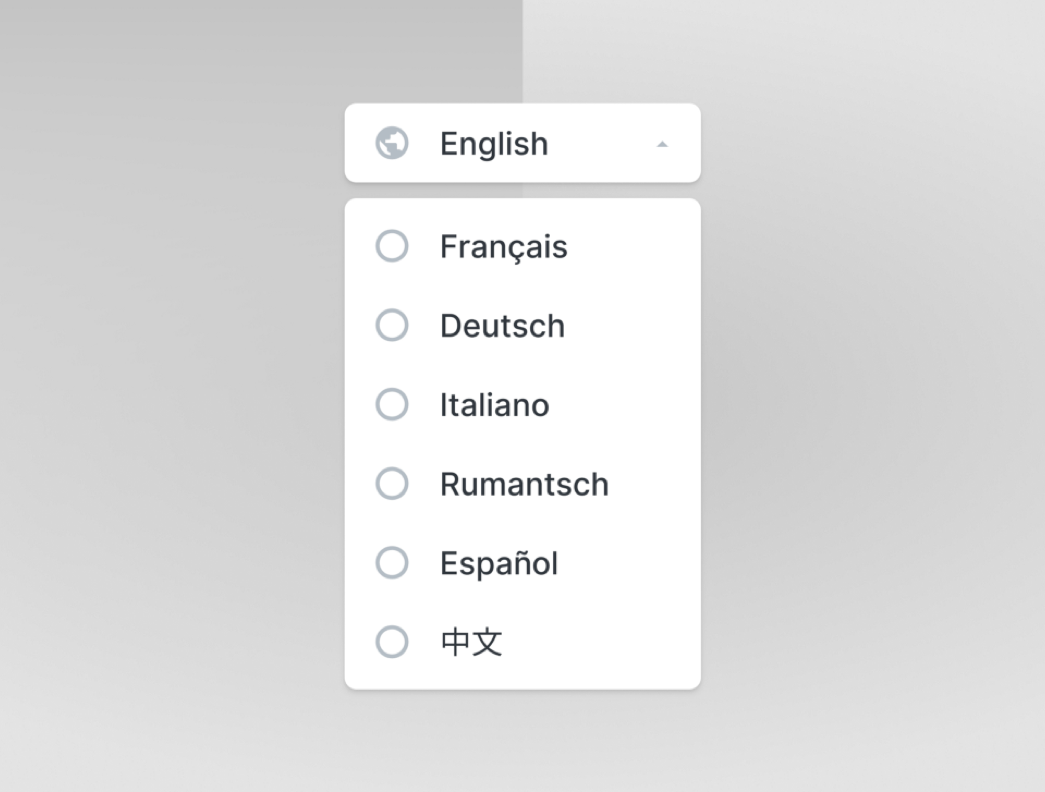 A language selector dropdown menu with some languages.