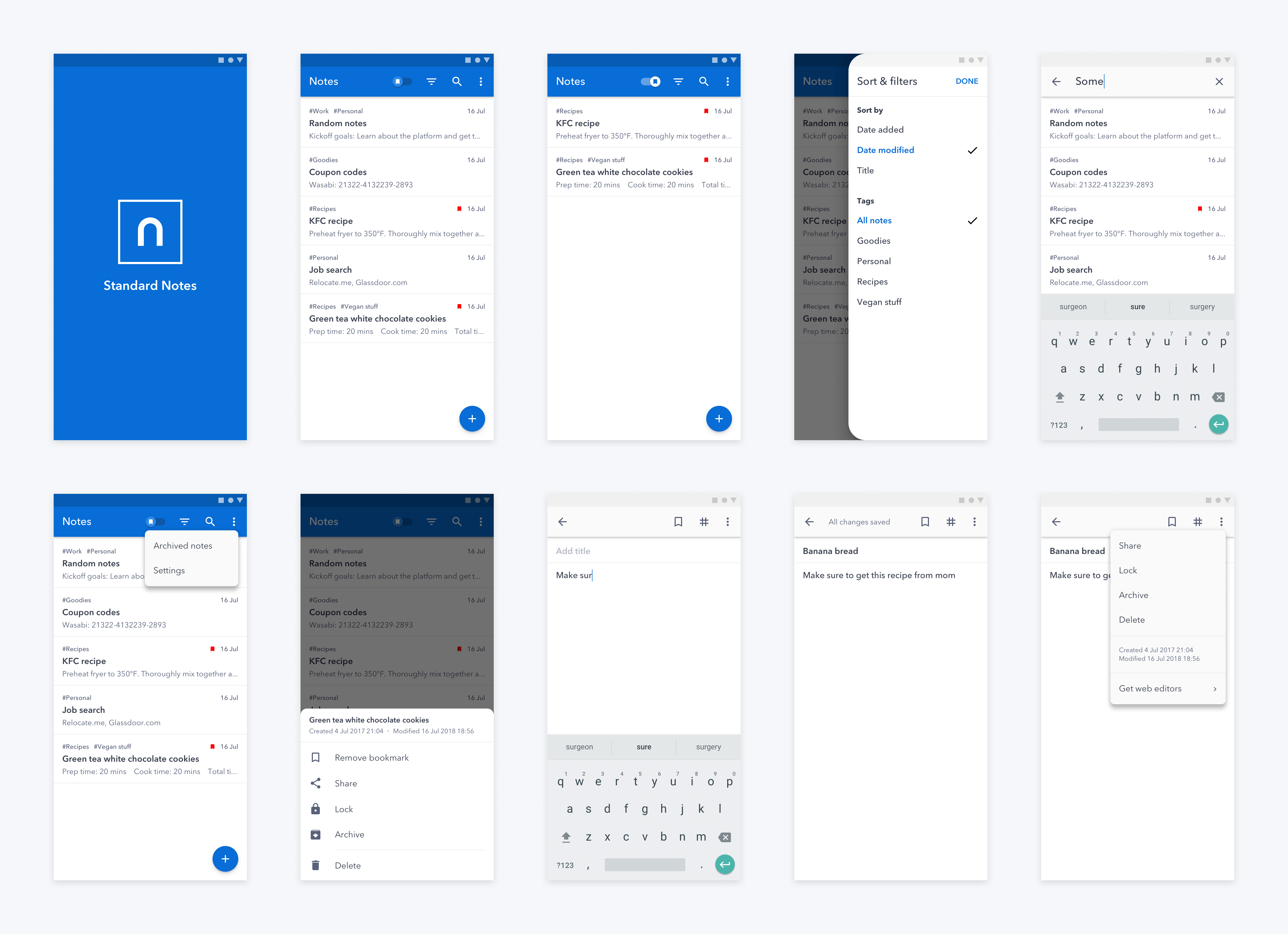 Ten of Standard Notes screens I redesigned showing the list, navigation, search, note details & other UI elements.