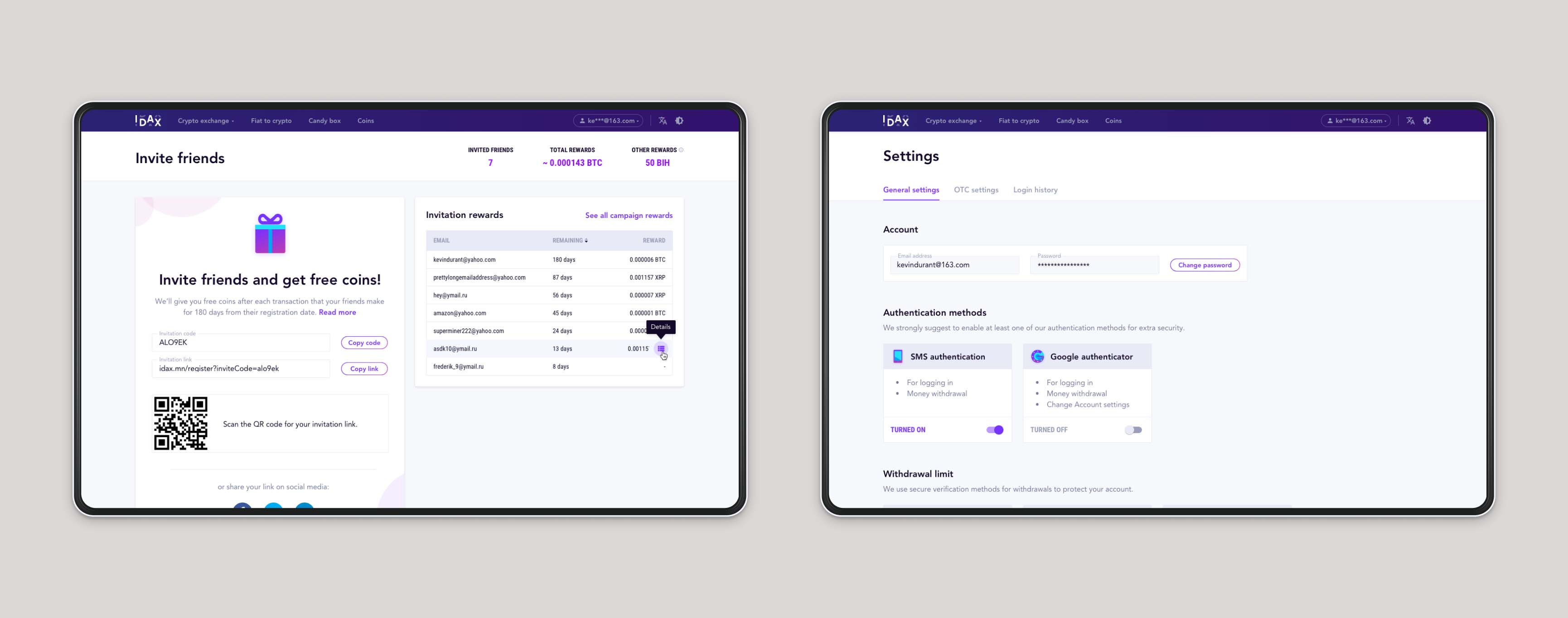 Mockups showing the invite friends and the settings pages.