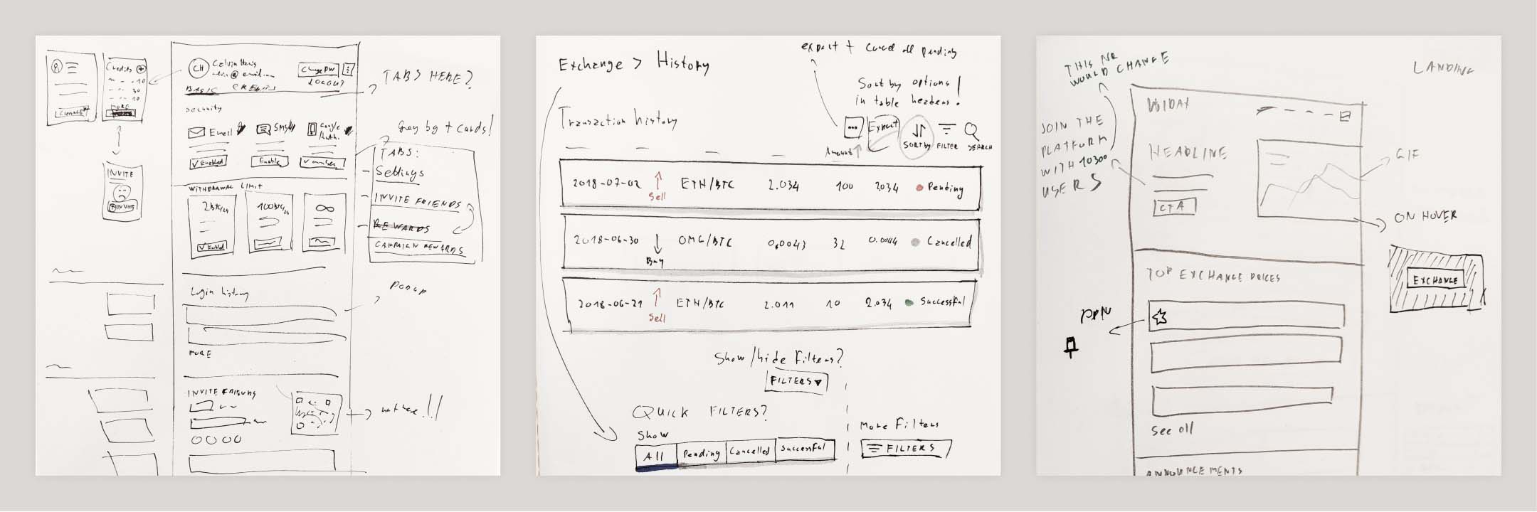 Low-fidelity paper sketches showing ideas of new landing page concept, data tables and some other UI patterns.
