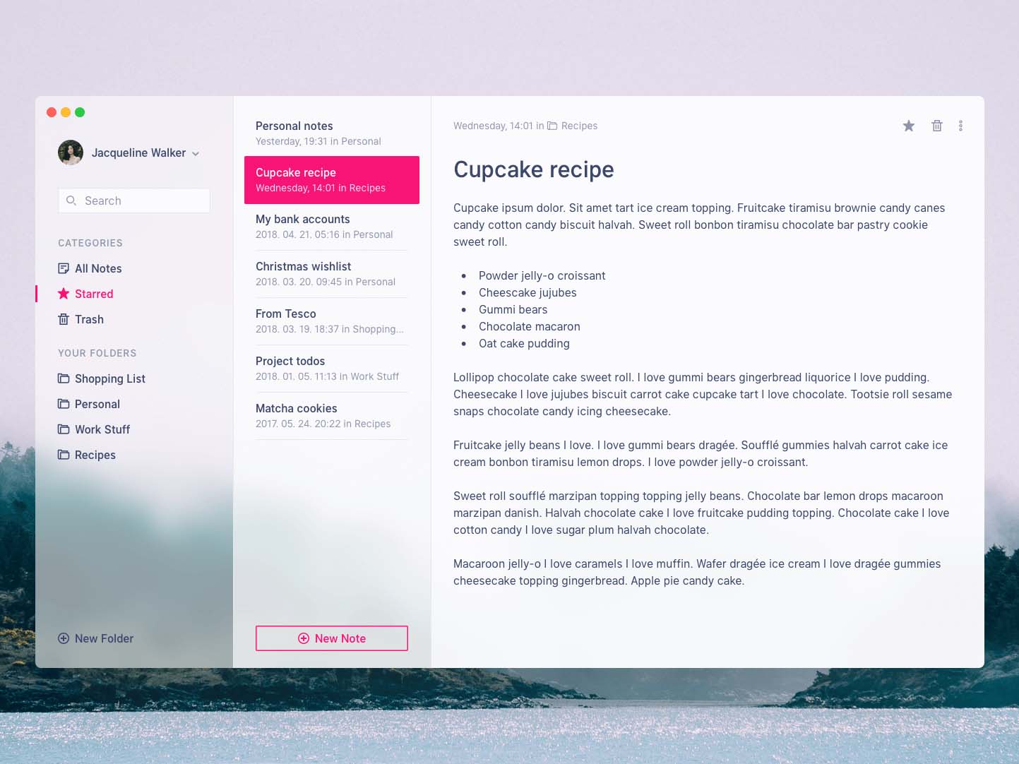 Notepad Mac application with transparent and blurred elements with a mountain & see landscape in a background.