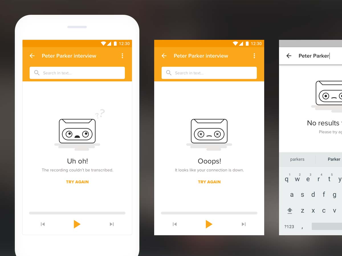 Three error state screens, one in a phone mockup, showing illustrations of a cute cassette with a face.