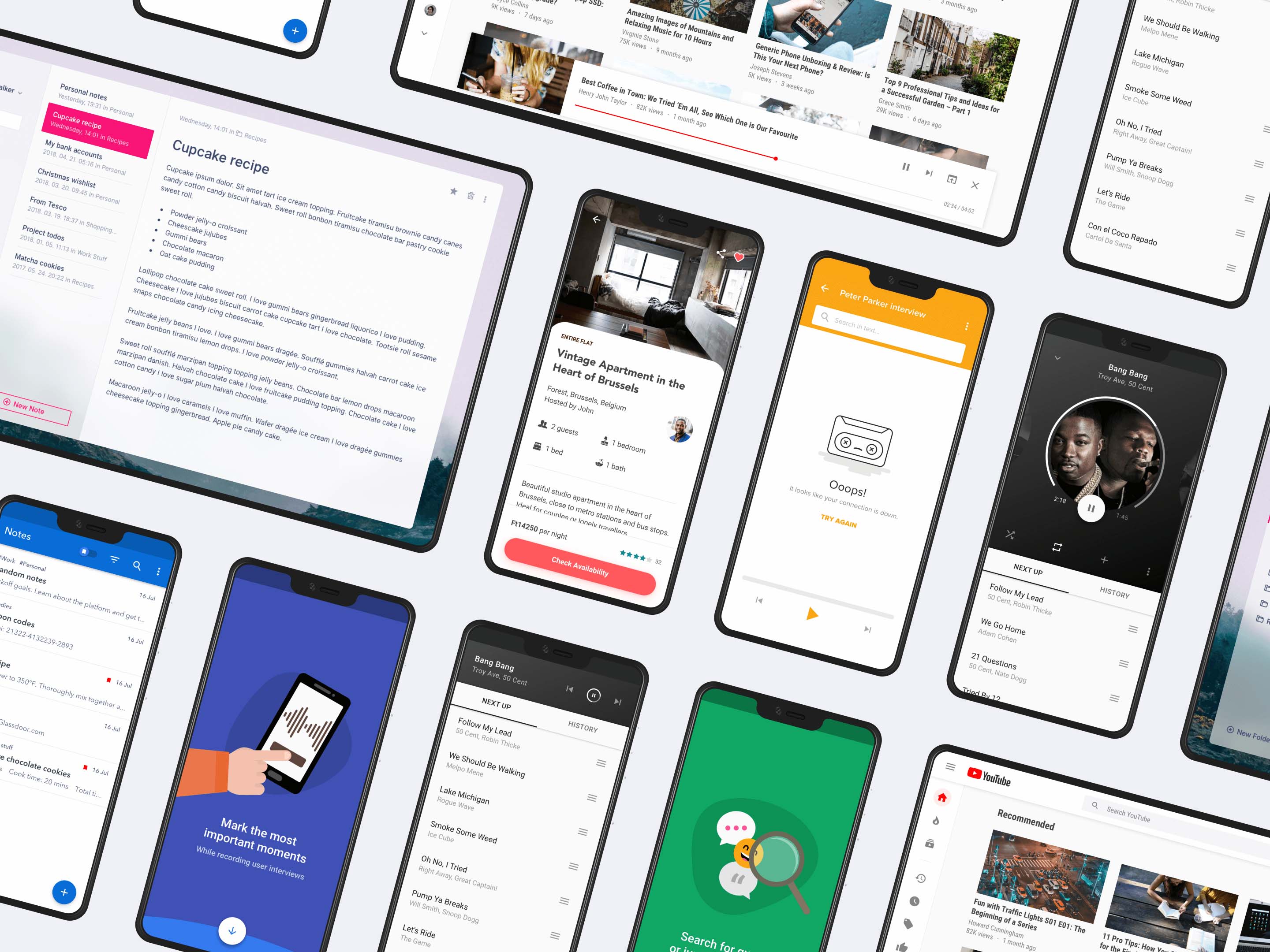 Mockups showing mobile and web app concepts.