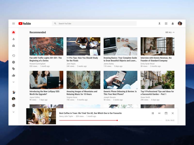 YouTube redesign concept with big white spaces and an updated side navigation bar.