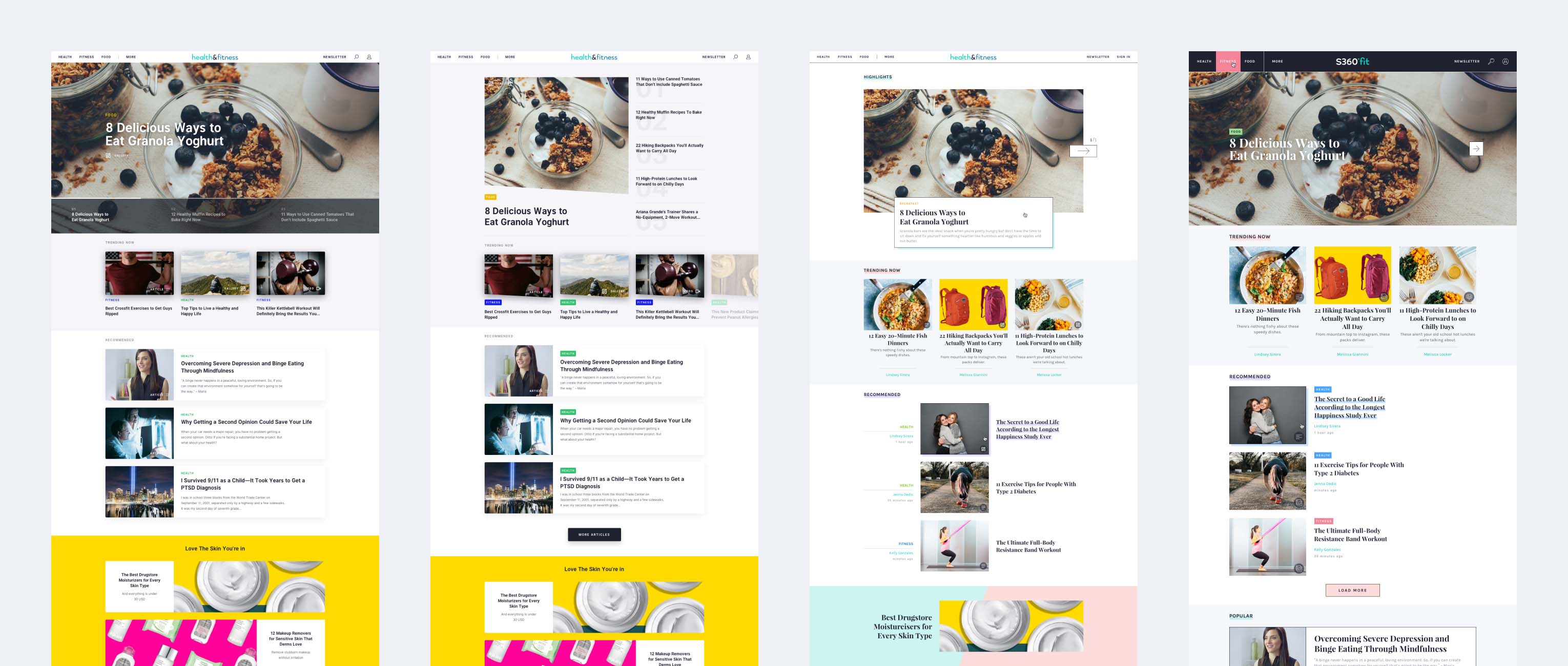 Four versions of the landing page UI, each with different arrangement, visual styles and colors.