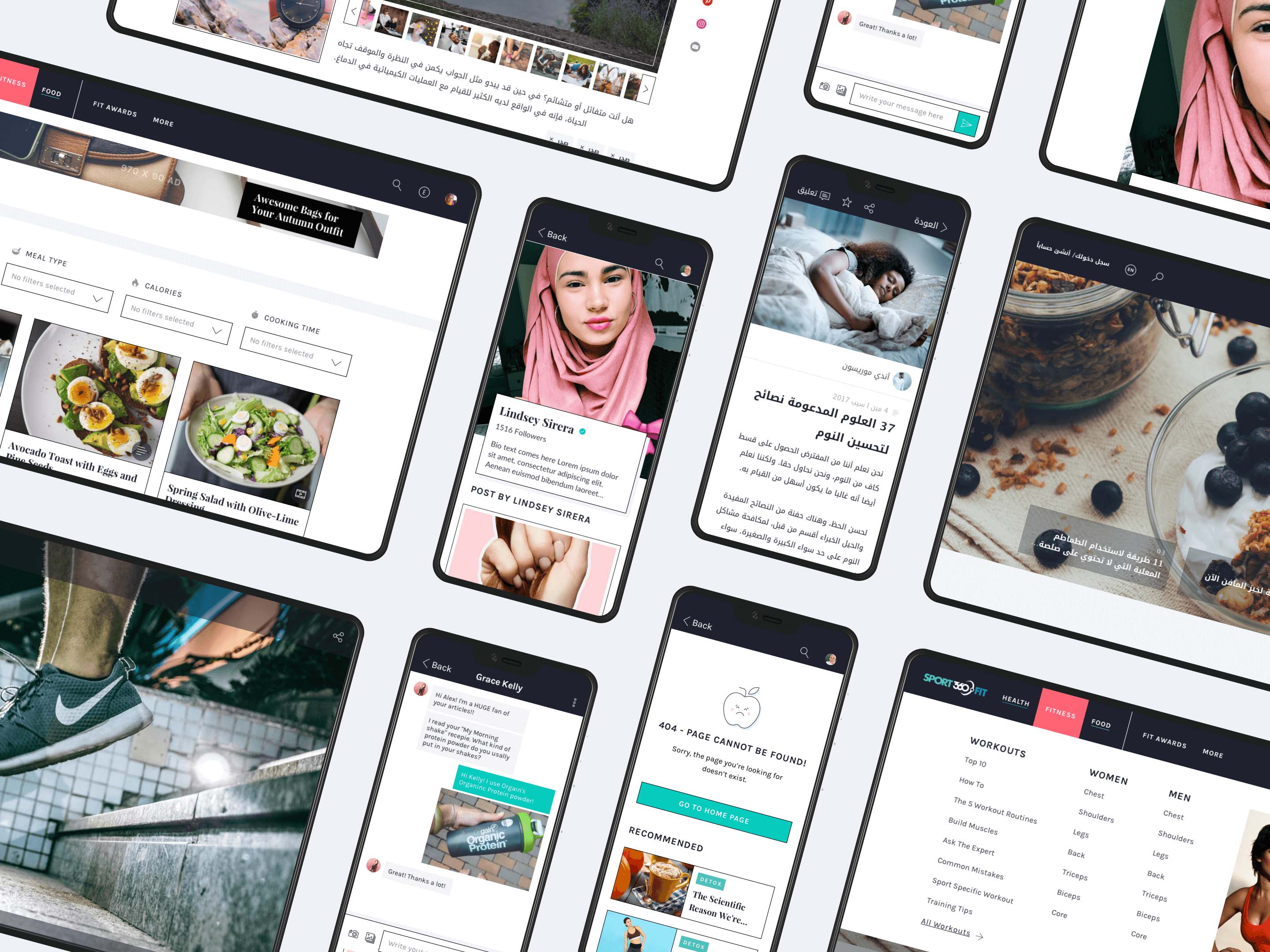 Pages of the Sport360.fit website and app in mobile and desktop mockups, some in English, some in Arabic