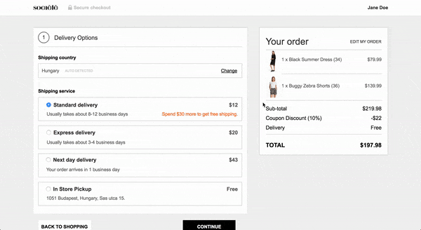 Accordion-like checkout flow: whole process is visible but opens only one section (e.g. shipping address) at a time.