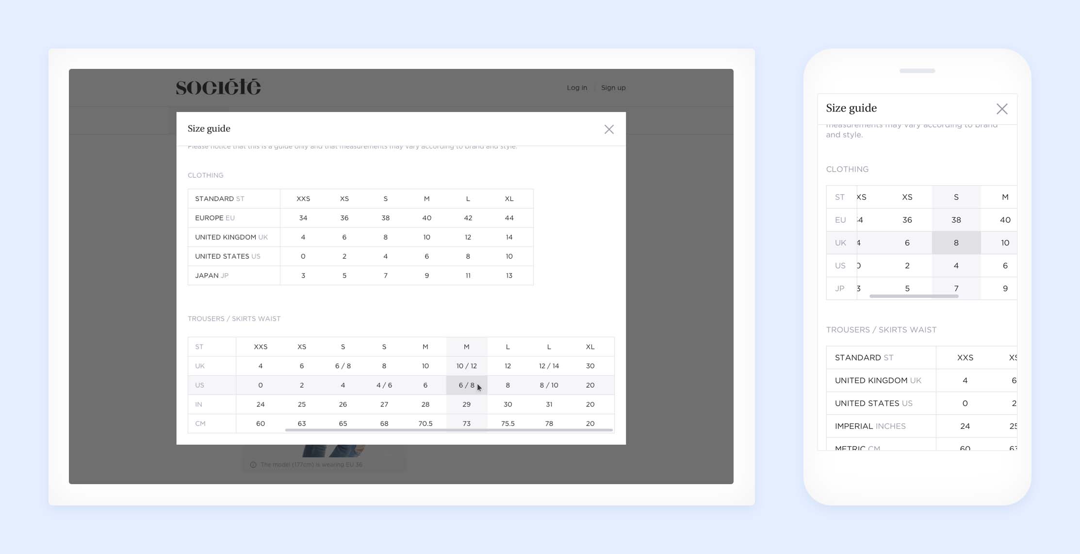 Size guide modal windows on desktop and on mobile making it possible to compare different standard sizes.