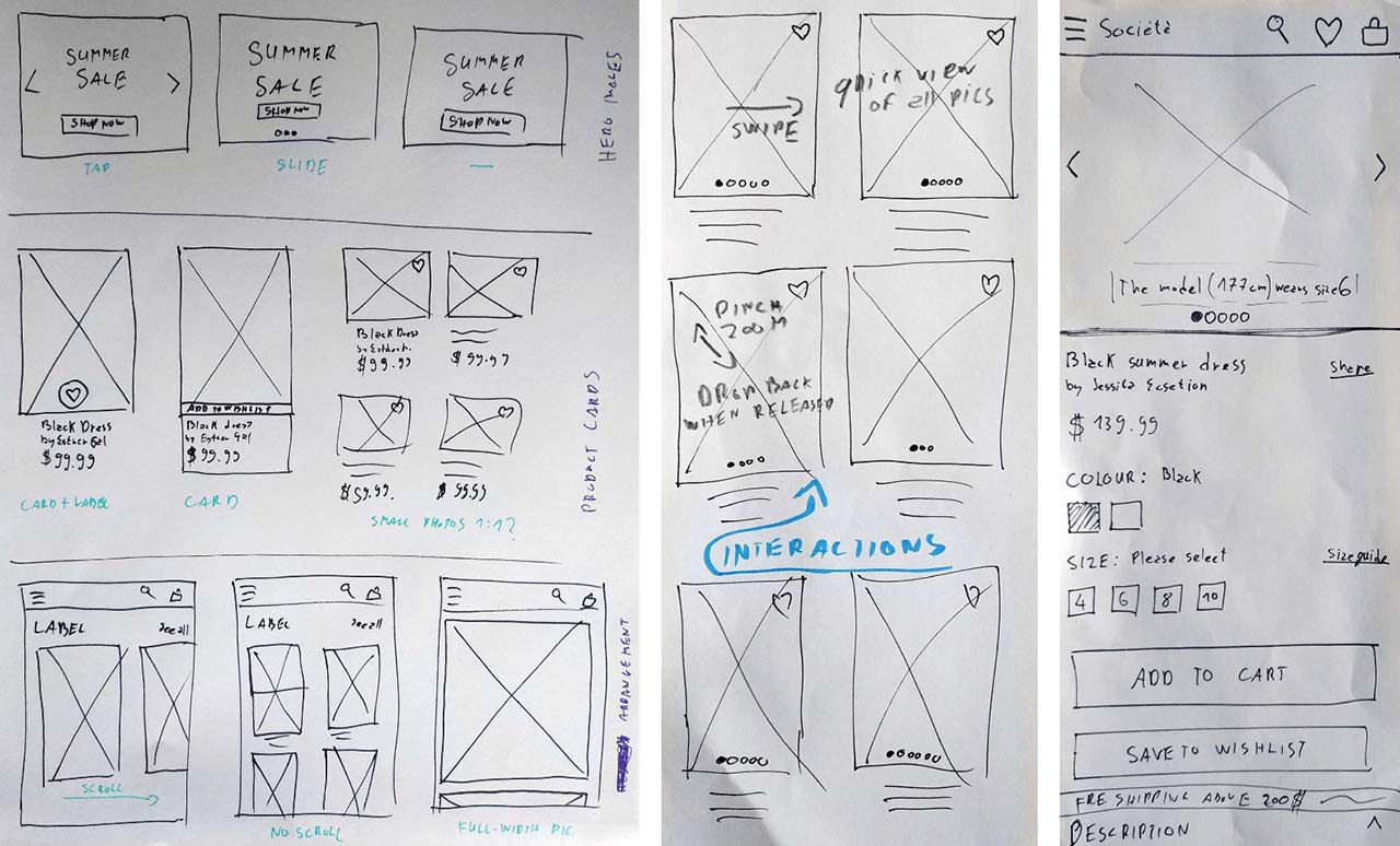 Early paper sketches showing different layout & interaction ideas such as pinch to zoom an image or swipe to see all pics.