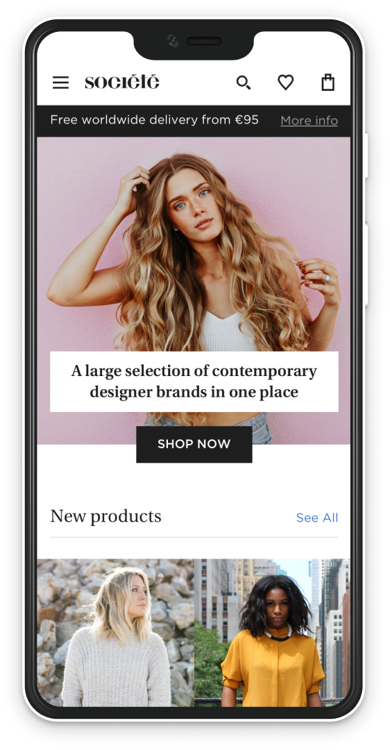 Mobile mockup of Société's landing page with a picture of a model and a shop now button.'