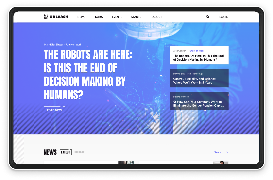 Desktop mockup showing the landing page of Unleash: three highlighted articles on a purple background image of a robot.