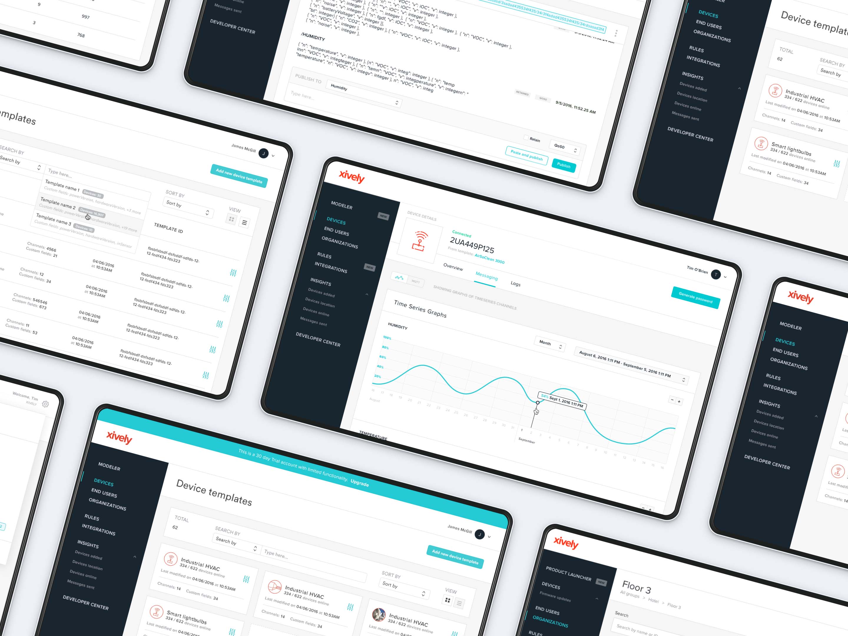 Mockups showing many Xively screens I designed.